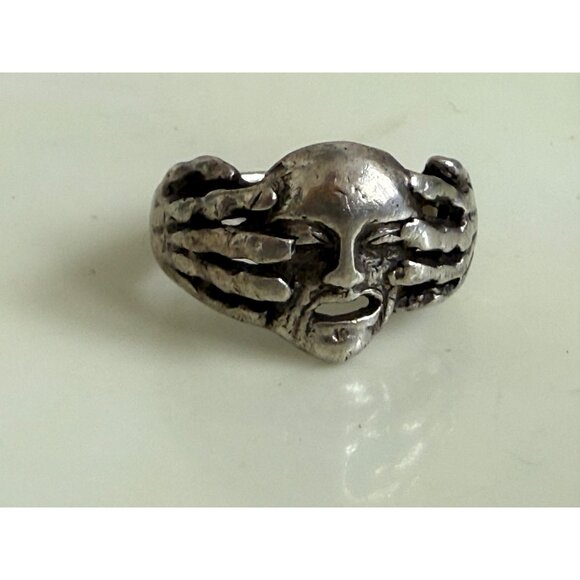 Vintage 90's Mens Sterling Silver Biker Ring Skull with hands Over Eyes Size 13 - Picture 16 of 16